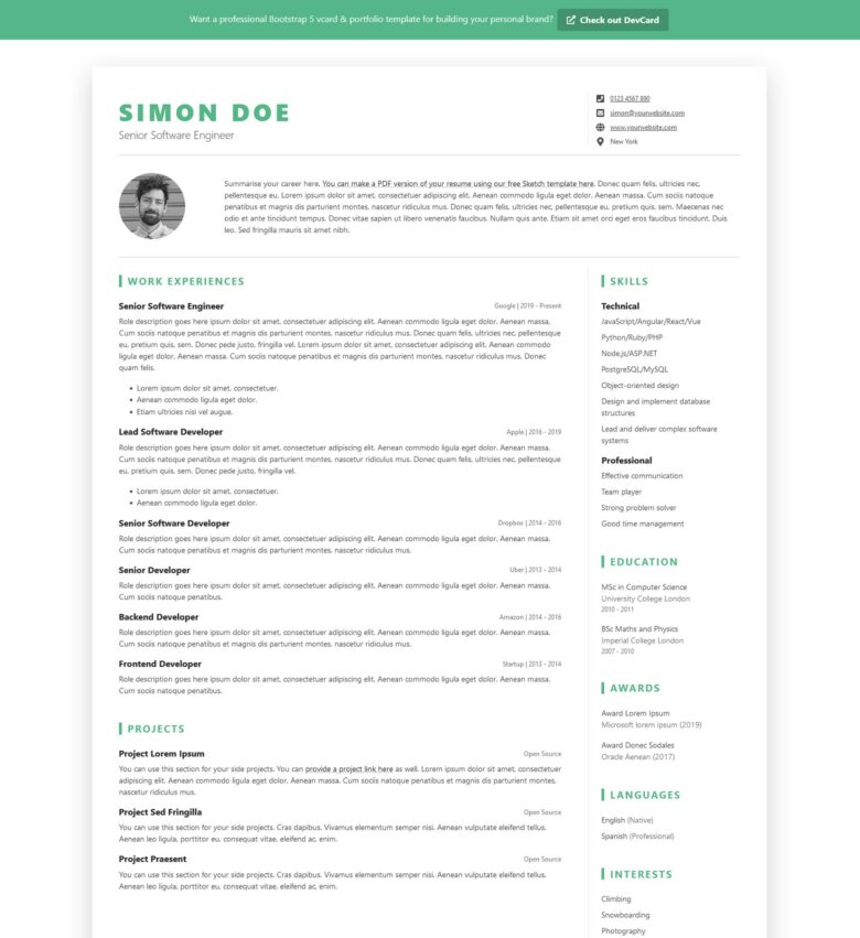 DevResume Free Bootstrap 5 Resume CV Template